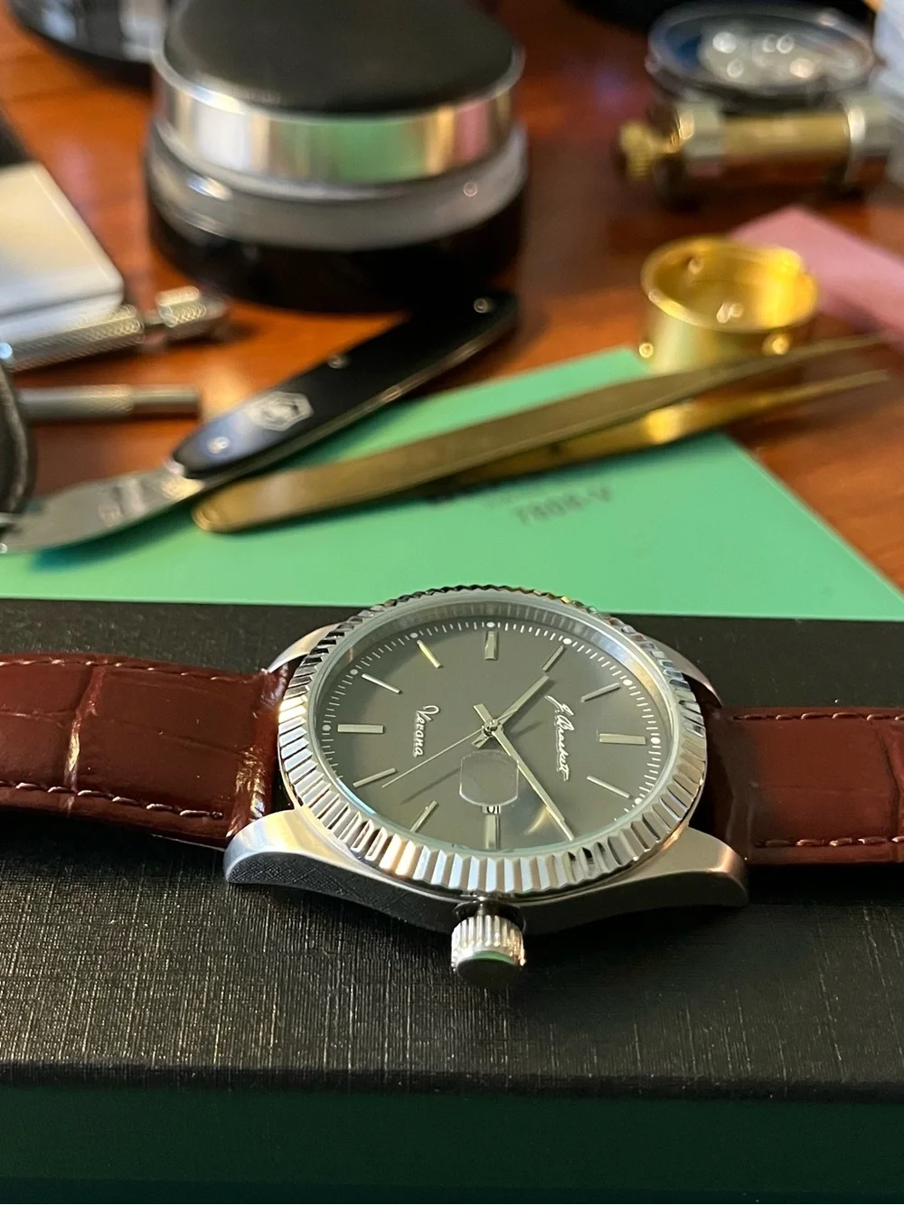J. Brackett Verona Men's Watch — Grey Dial, Burgundy Leather Strap